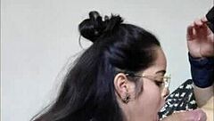 Nerdy 18-year-old gives a blowjob on webcam