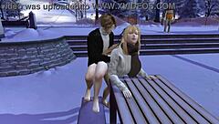 3D animated game on a snowy day: public intimacy with a hot blowjob and cunnilingus