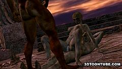 3d cartoon zombie babe getting double teamed outdoors.