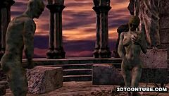 3d cartoon zombie babe getting double teamed outdoors.