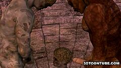 3d cartoon zombie babe getting double teamed outdoors.