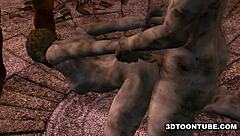 3d cartoon zombie babe getting double teamed outdoors.