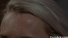 Old centerfold gets covered in jizz in extreme POV