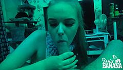 Enjoying a banana and giving a blowjob in the dark