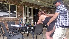 Neighbor's wife gets outdoor upskirt fuck while husband is at work