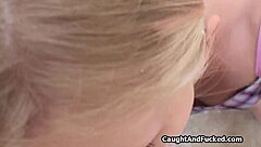 The perky blonde gives a blow job to the spy student in the outdoor class