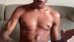 Mature stud jerks huge cock, cums to finish solo