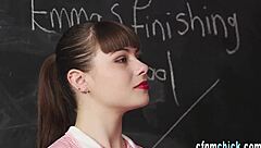 British babe in heels dominates naked man with handjob humiliation