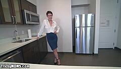 Short-haired stepmom fed by stepson