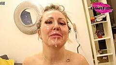 cumshot right to the eye, wanna see more of this slut?