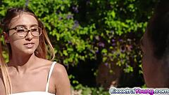 Small bohemian Aria and Raquel enjoy threesome with neighbor