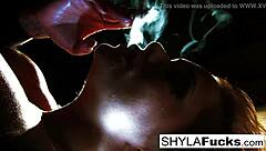Shyla gets into her smoking fetish, showing off her big tits and ass