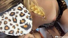 Young beauty with glasses gives a professional blowjob to her partner