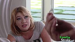 Pretty blonde in panties, playing with her stepbrother