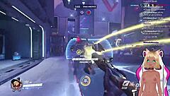 Vtuber Lewdneko continues in Overwatch and gets a spanking in the next scene