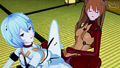 asuka and rei synchronize their tight juicy pussies in evangelion hentai