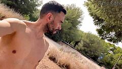 Big cock stud jerking off on public trail public cumshot