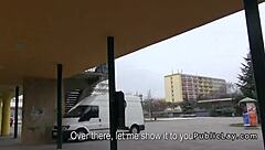 Natural European amateur engages in public activities with pickup partner