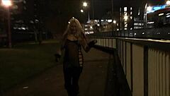 I flash my blonde british tits downtown at night