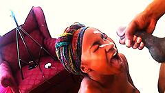 Ebony teen gets covered in cum during shower blowbang compilation