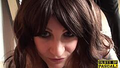 Redhead MILF with big ass and tits gives blowjob, bent over for creampie POV.