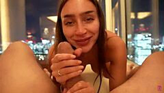 Redhead MILF with big ass and tits gives blowjob, bent over for creampie POV.