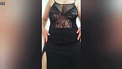Beautiful woman with large chest wears black and has great sex