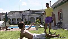 Beautiful woman has an affair with her father’s bull near the pool