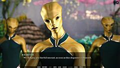 Curvy female alien fingers herself in sexy outfit