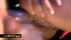 A blonde babe gets a double penetration and an ass fucking in a blindfolded orgy
