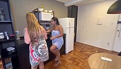 Tanned beauty gets her pussy licked by roommate's friend