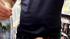 Crazy public cumshot in supermarket with monster cock spitting