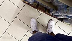 Crazy public cumshot in supermarket with monster cock spitting