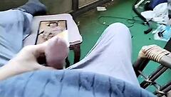A chubby gay amateur masturbates and cums on his sofa