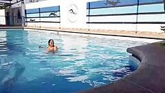 Chubby housewife gets naughty in public pool with stranger