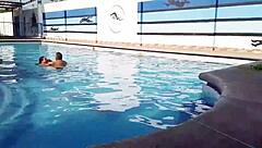 Chubby housewife gets naughty in public pool with stranger