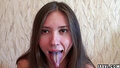 Ananta shakti uses tongue on dildo in fetish play.