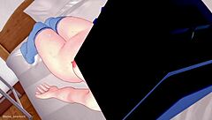 Intensely rubbing TV woman's vagina in toilet