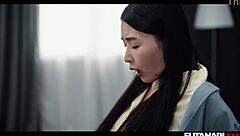 big tits asian wakes up to huge cock, starts fucking in doggystyle and missionary