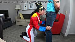 A female Royal Dragoon gives the most unusual blowjob and gets choked and covered in cum