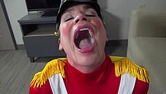 A female Royal Dragoon gives the most unusual blowjob and gets choked and covered in cum