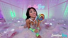 Asian cutie gets banged on a swing in fishnets