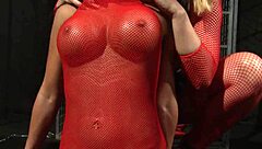 Beautiful lesbian BDSM with blindfolded and bound sub in glamour Babe