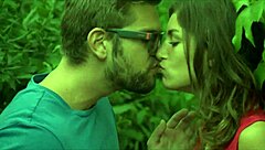 Public upskirt shows bush while sucking monster cock outdoors