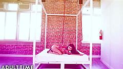 Gina Valentina explores bubblegum dungeon without undies in bondage