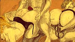 vintage erotic illustration of antique hentai cartoon in retro style.