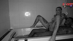 Black and white gay scene with big black cock and pool in the background