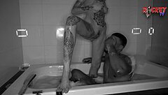 Black and white gay scene with big black cock and pool in the background