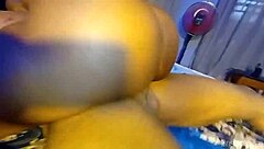 A beautiful woman with large breasts wears a g-string and has rough sex