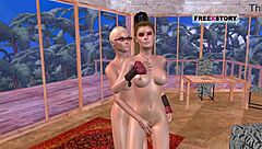 2 girls in 3D animated porn using a double dildo